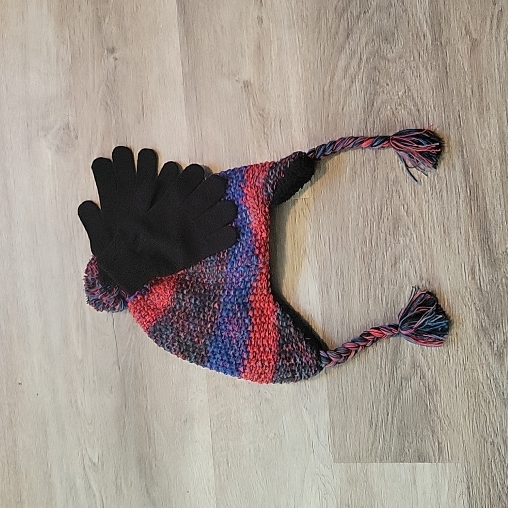 Capelli kids blue and red hat and black glove set m/l